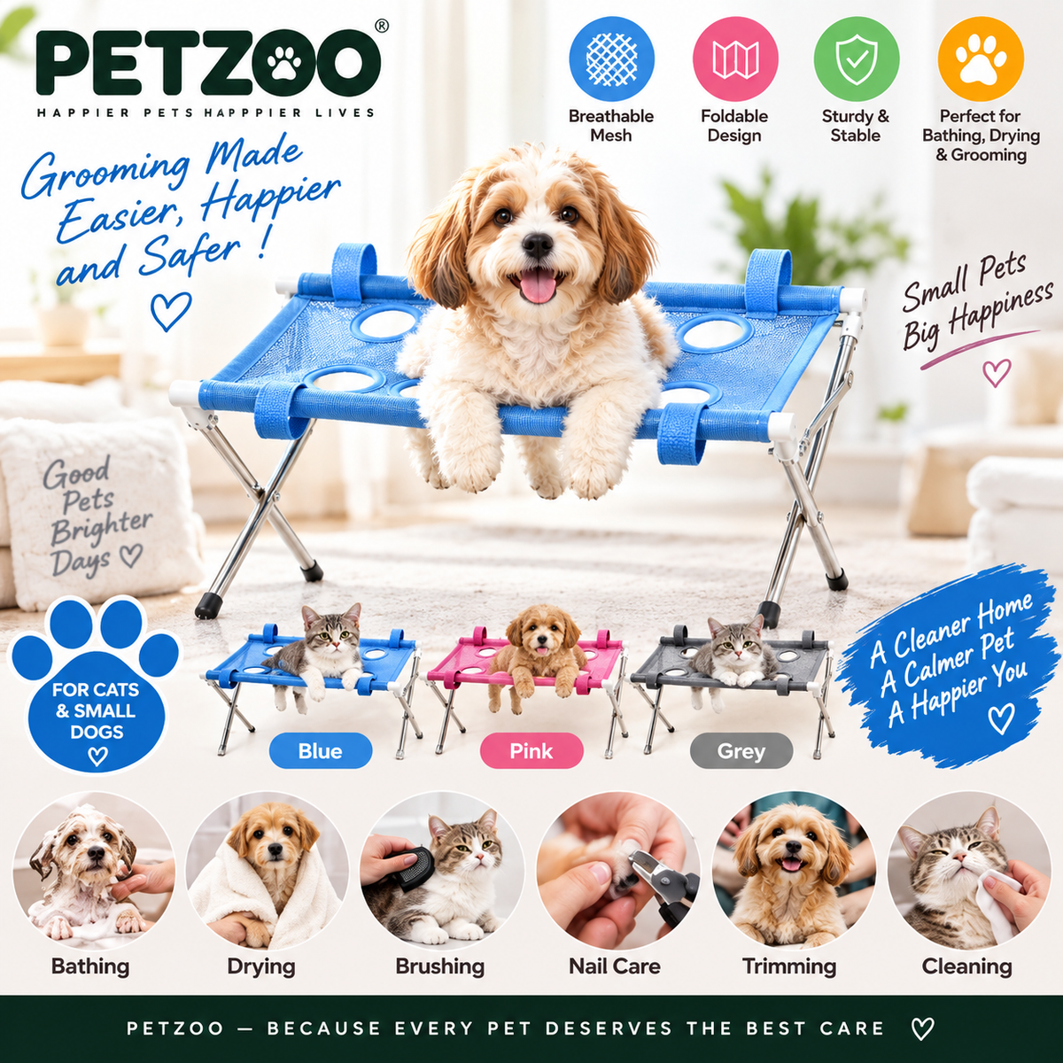 Petzoo™ Foldable Pet Grooming and Bathing Hammock — For Cats & Small Dogs